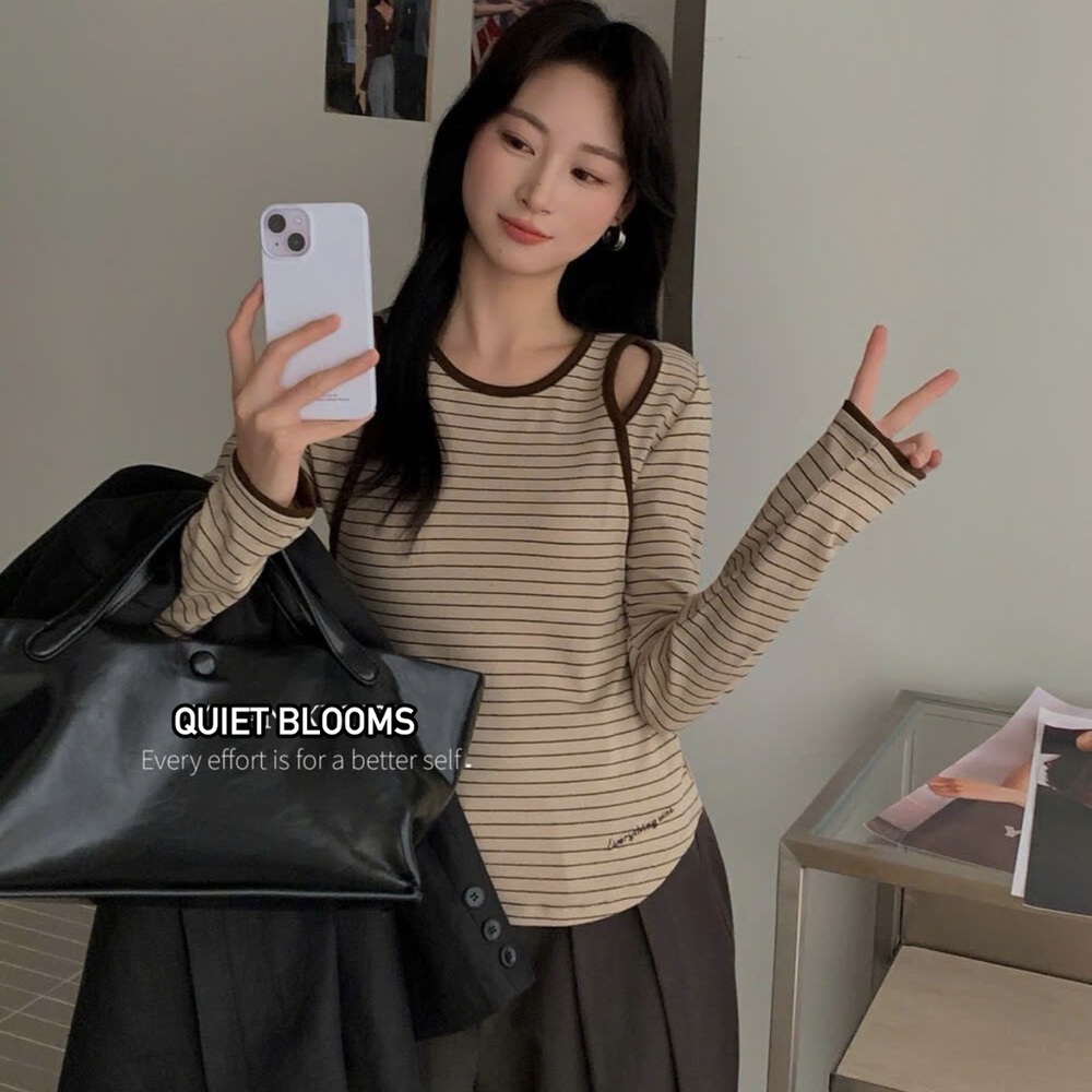 Striped Stretchy Long Sleeve Top Open Shoulder